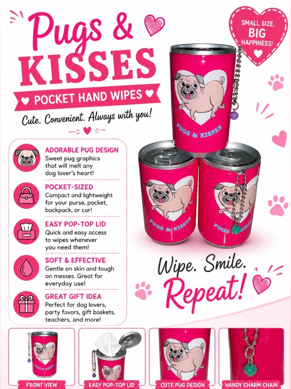 PUGS & KISSES  3 PACK HAND WIPES IN CONTAINER BAG CHARM